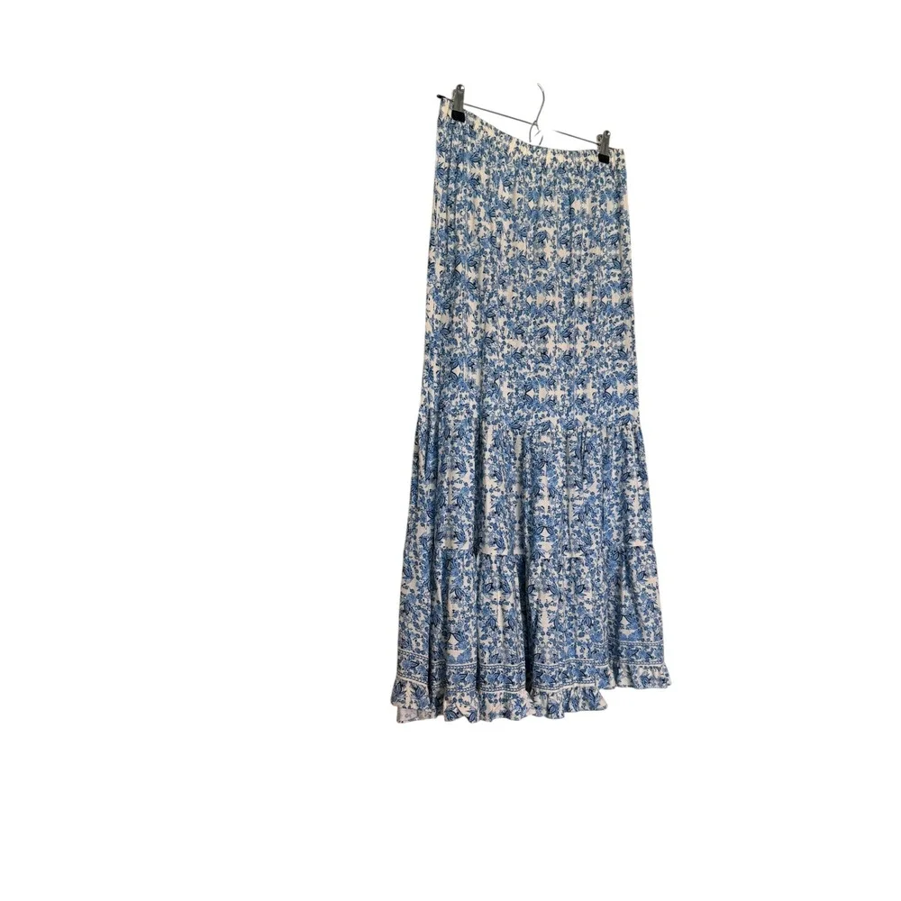 Max Studio London Blue White Floral Tiered Maxi Skirt Size M Boho Chic Relaxed